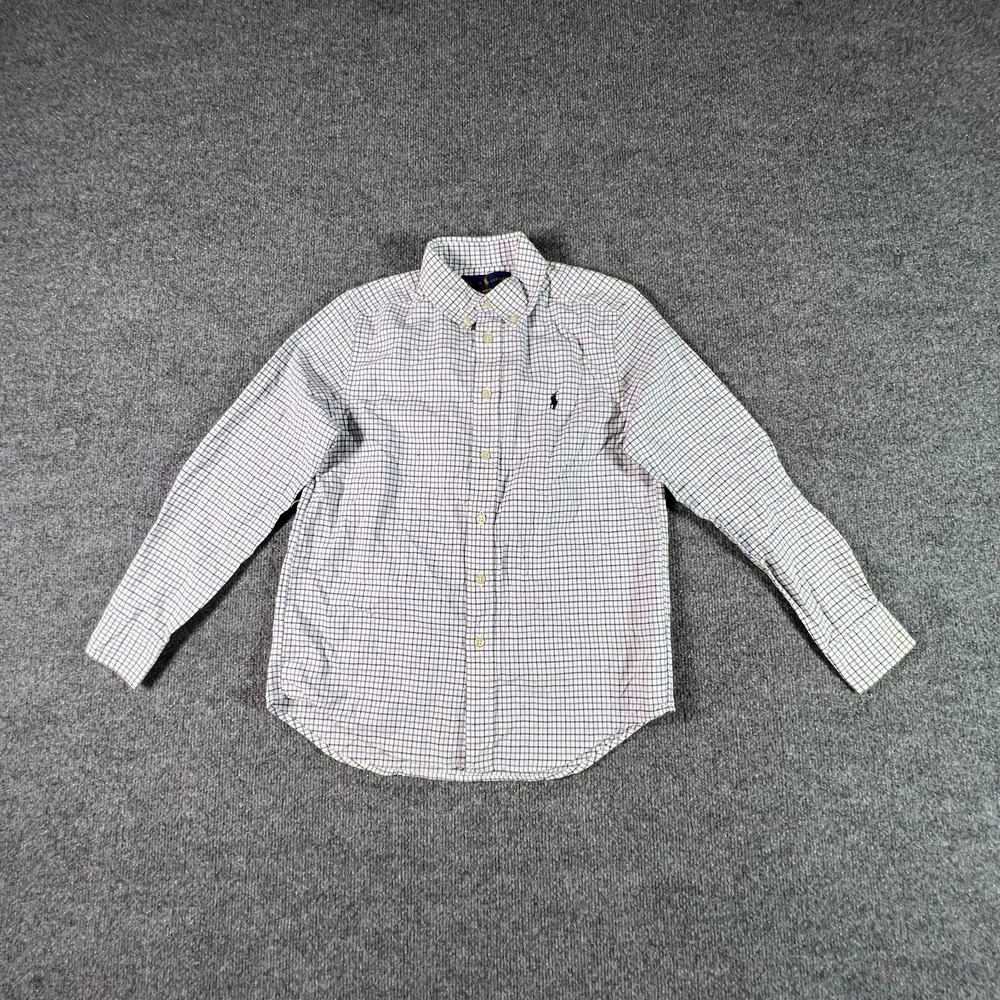 Polo Ralph Lauren Boys M 10-12 White Blue Plaid Button Front Pony Logo Shirt